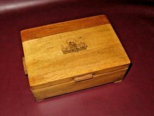 Vintage 10" Footed Flip-Lid Dovetailed Wooden Jewelry Box - Couple Bench Scene