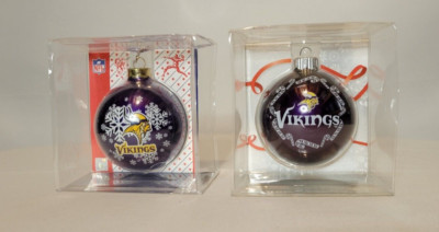 Pair of Purple Minnesota Vikings Christmas Ball Snowflakes Candy Cane Ornaments