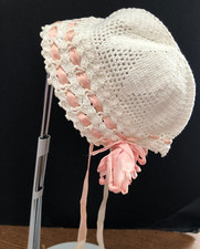 Vintage 1940's to 1950's Handmade Baby Girls Ivory Crochet Bonnet size 0-3 mo.