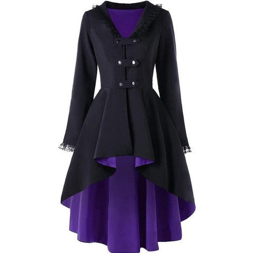 Womens Steampunk Lace Gothic High Low Trench Victorian Medieval Jacket Coat Top - Picture 4 of 18