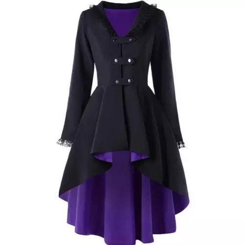 Womens Lace Gothic High Low Trench Victorian Steampunk Medieval Jacket Coat Top - Picture 5 of 13