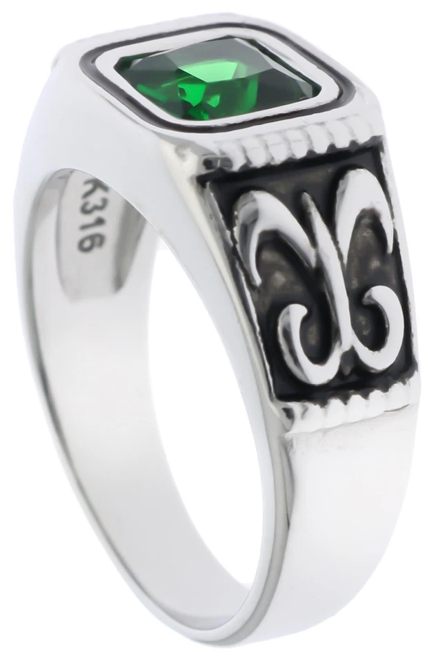 Anillo de 4 quilates esmeralda simulada flor de lis para hombre acero inoxidable 316 talla 13 T28 Foto 2 de 4
