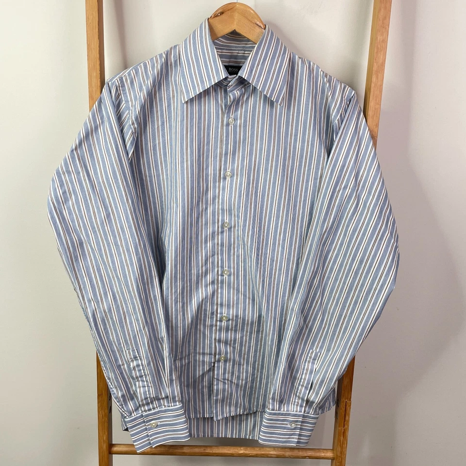 BOSS Hugo Boss Button Up Shirt Mens 39 Blue White Pinstripes Long Sleeve Cotton