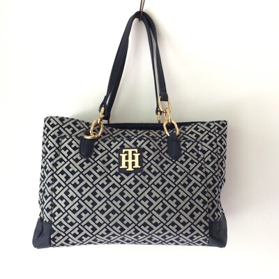 TOMMY HILFIGER Signature Navy Canvas Faux Leather Shoulder Bag