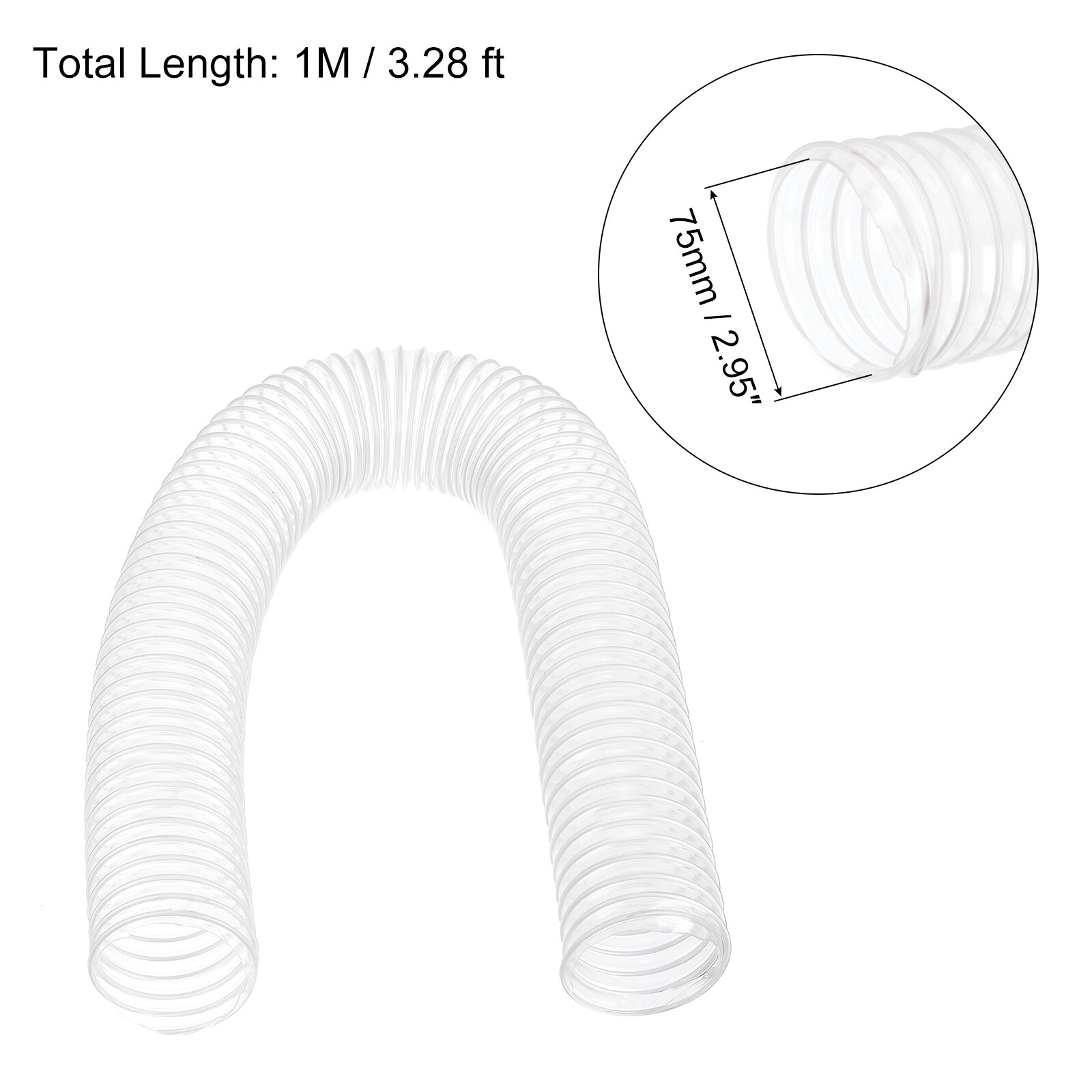 PVC Flexible Vacuum Cleaner Hose, 75mm ID 1M Length Dust Collection
