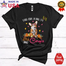Girl Runs On Jesus And Corgis, Adorable Flowers Floral Animal Lover T-Shirt