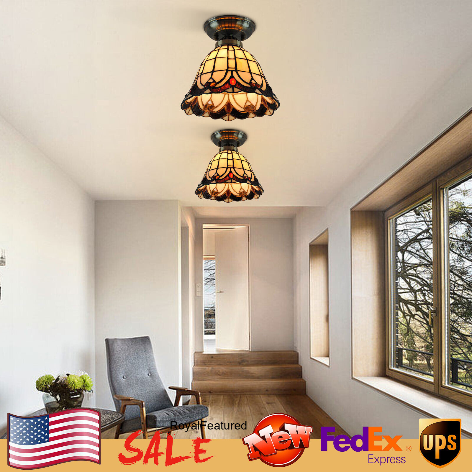 Tiffany Style Stained Glass Chandelier Lamp Ceiling Hanging Lamp Light Fixture