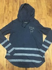 Victoria Secret Pink Hoodie Knit lightweight Stripe Logo Rare Blue sz Small
