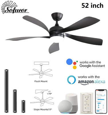 52 Inch Smart Ceiling Fans with Lights & Remote Modern Bedroom Alexa Ceiling Fan