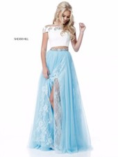 Sherri Hill 51655 Ivory Light Blue Stunning Two Piece Crop Top Gown Dress sz 10