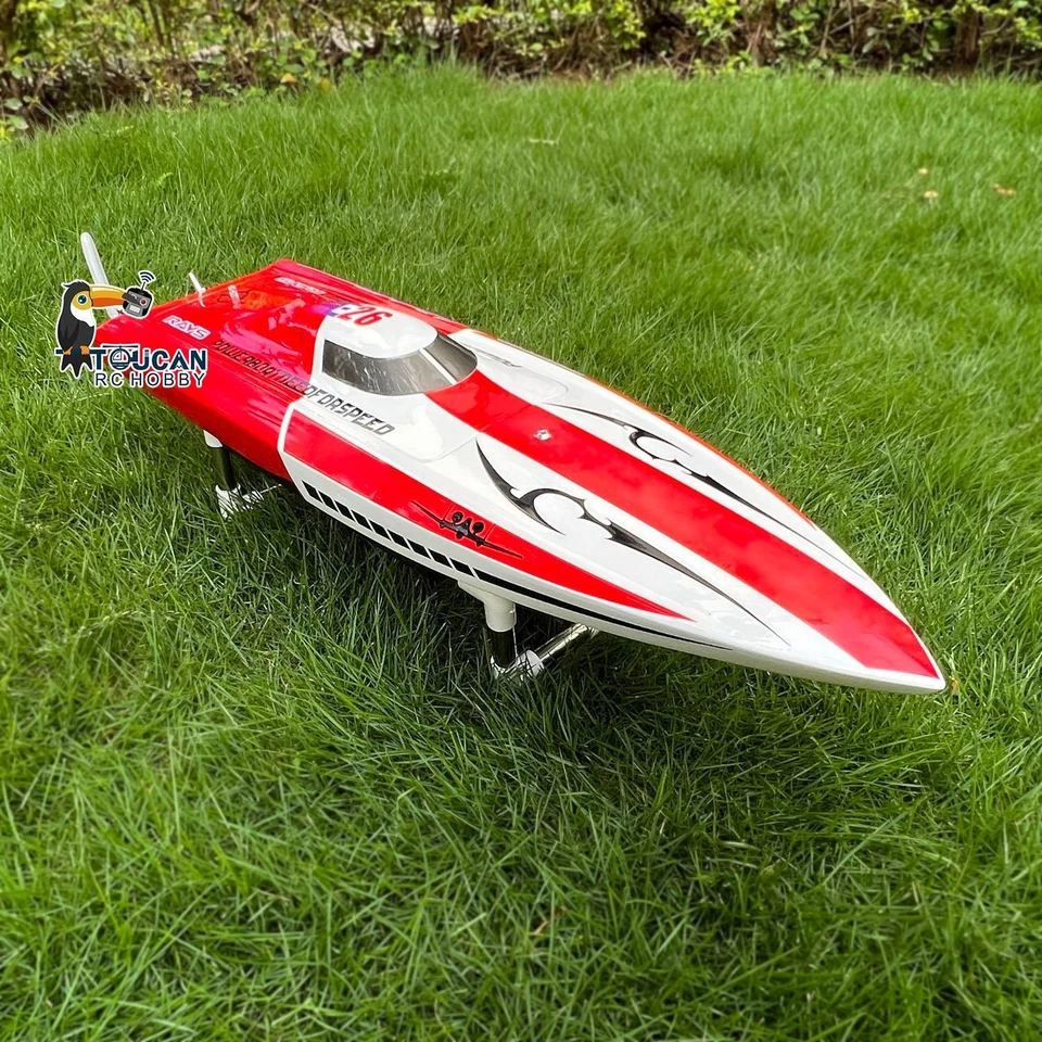 Barco de radiocontrol eléctrico de carreras rojo de fibra de vidrio E26 sin batería con servo motor ESC PNP Foto 2 de 4