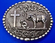 Praying Kneeling Cowboy Horse at Cross Religious Faith Oval Nocona Belt Buckle