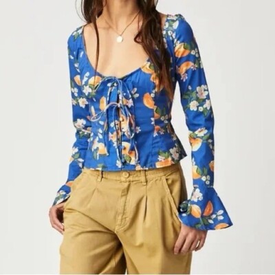 Free People Bluse blau orange Zitrone Blumenmuster Knopf & Krawatte vorne Größe XS