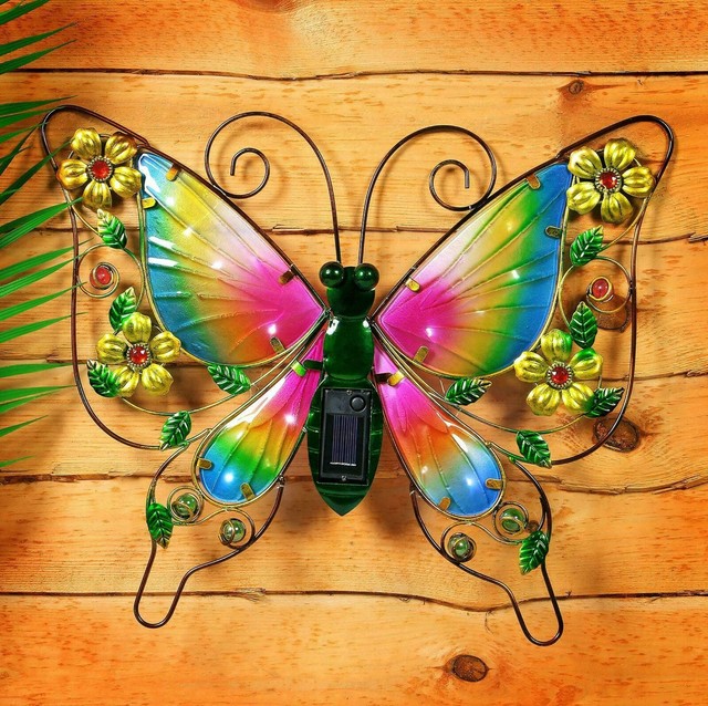 Solar Powered LED Butterfly Wall Art Light Outdoor Garden Decoration