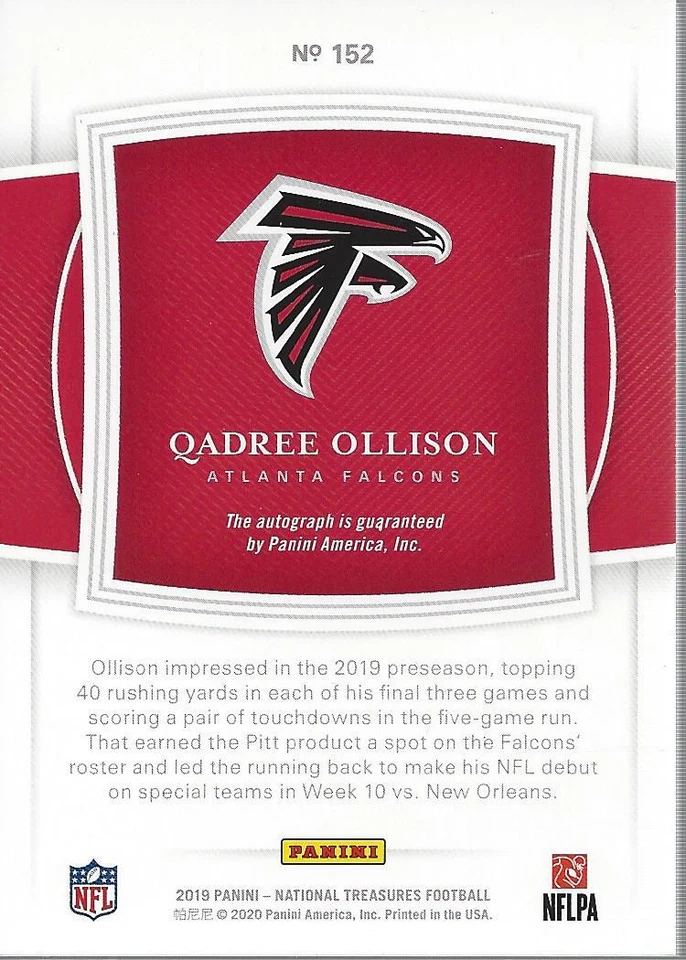 2019 Panini National Treasures Holo Silver #152 Qadree Ollison Auto /25 - NM-MT - Image 2 of 2