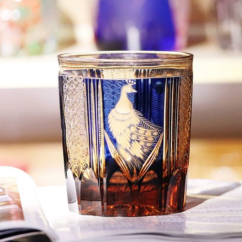 Amber Green Whiskey Glasses Japanese Style Hand Cut Crystal Kiriko Glass 8.5oz - Picture 12 of 12