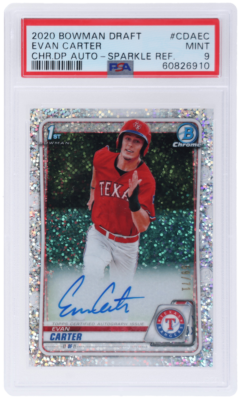 2020 Bowman Draft Evan Carter Chrome Auto Sparkle Refractor #CDAEC /71 PSA 9