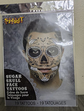 Spirit Sugar Skull Face Temporary Tattoos Set, 19 Count, Halloween Black/White