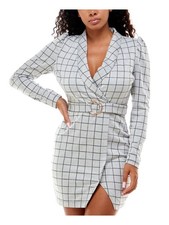 EMERALD SUNDAE Womens Gray Belted Wide Collar Plaid Short Dress XXS