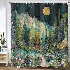Mountain Forest Shower Curtain Aesthetic Tree Plants Green 72x72 Inch