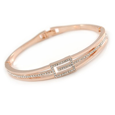 Delicate Austrian Crystal Buckle Bangle Bracelet In Rose Gold Tone Metal - 18cm