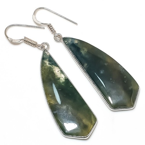Indian Moss Agate 925 Silver Plated Handmade Earrings of 2.48"