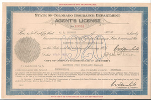 #A1171 Mayor A. I. Lindsey of Aguilar, Colorado 1920 Ins. Dept. Agent's License