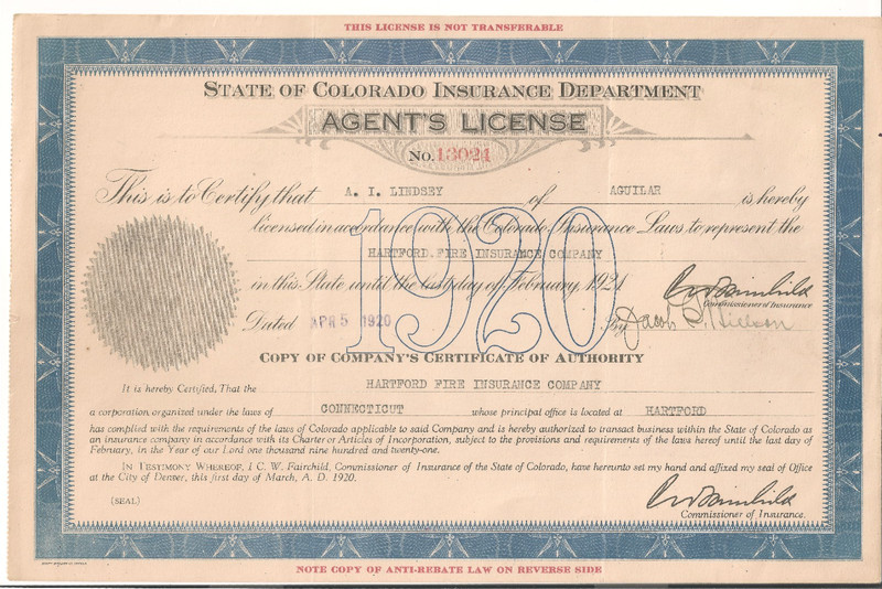 #A1171 Mayor A. I. Lindsey of Aguilar, Colorado 1920 Ins. Dept. Agent's License