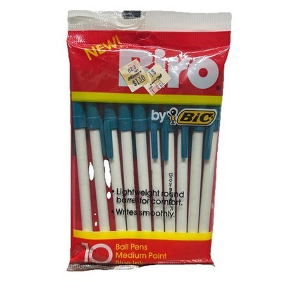Vintage Bic Biro Blue Medium Point Ball Pens 10 Pack USA NOS Sealed Movie Prop