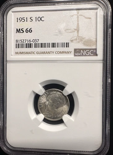 1951 S   NGC Graded MS66 10 Cent 90% Silver Roosevelt Dime