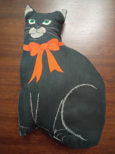 Vtg Cat Pillow Handmade Blk Cat USA Stuffed Fabric Pillow Halloween 13.5" Tall