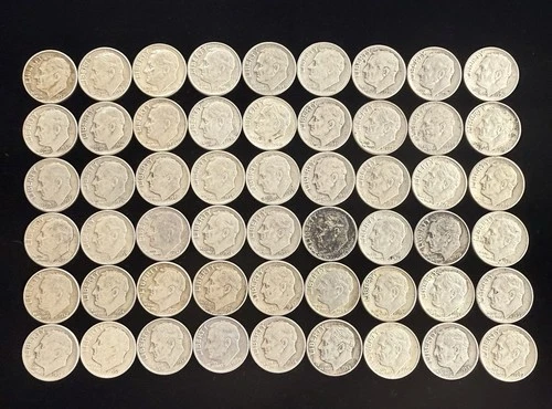Mixed Date Roosevelt Dimes 90% Silver 54 Coin Lot