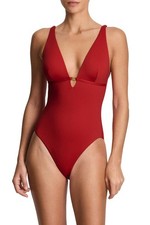 Lauren Ralph Lauren Plunge Neck One Piece Swimsuit Cruising Red Women's 8