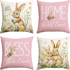 Set Di 4 Federe Da 45 X 45 Cm, Motivo: Coniglio, Fiori Selvatici, Uova Di Pasqua