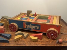 VTG Holgate Toys Wooden Blocks Wooden Pull Wagon Vintage Complete W/ 61 Blocks