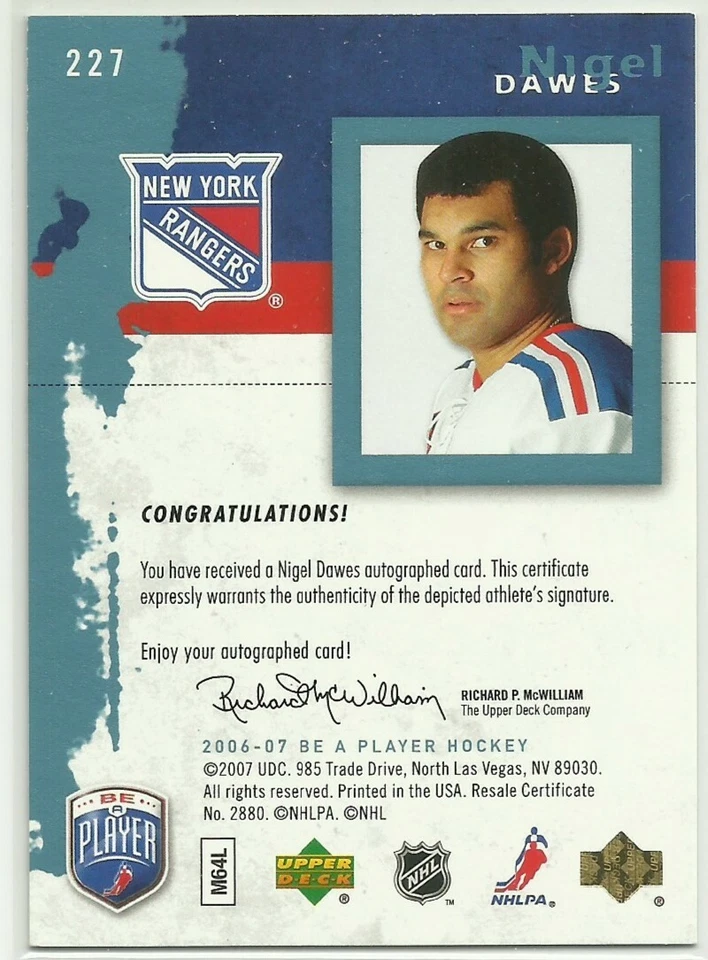2006-07 UD Be a Player Autographs #227 Nigel Dawes New York Rangers Rookie - Image 2 of 2