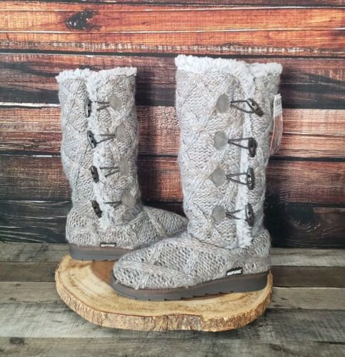 MUK LUKS Felicity Boots Size 9 Grey Sweater Slippers Faux Fur Lined 16628 NWT