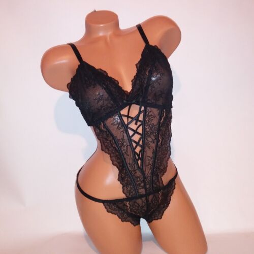 Victoria Secret Lingerie Teddy One Piece Bodysuit XL Black Lace Crotchless New - Picture 3 of 10