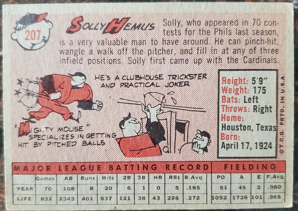 1958 Solly Hemus Philadelphia Phillies Topps Card #207 MLB - Image 2 of 4