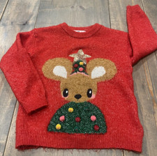 H M Toddler Girl  s Long Sleeve Christmas MouseTree Red Crew Neck Sweater Sz:3-4T
