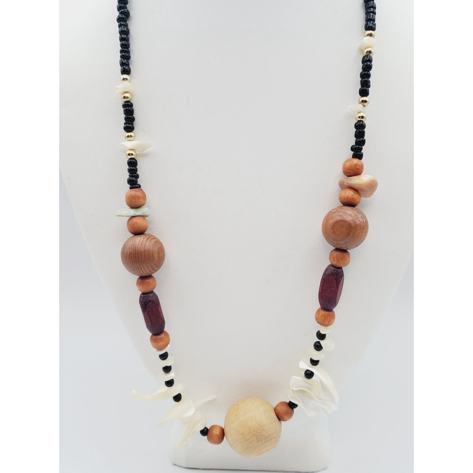 Beaded multi color shape wood shell necklace 24" - image 3