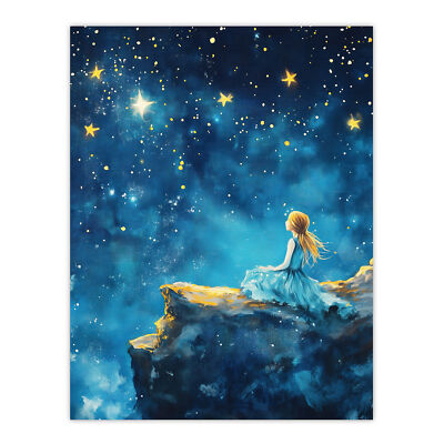Girl Wish Upon Star Starry Night Sky Painting Wall Art Poster Print