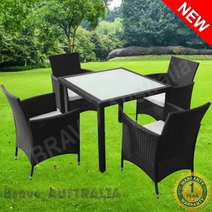 Rattan Black Outdoor Glass Top Table Chairs Set With Cushions Patio Furniture Ebay