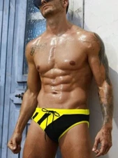 New Men's Sexy Bright Black & Neon Yellow Low Rise Bikini Style Swim Brief -Gay