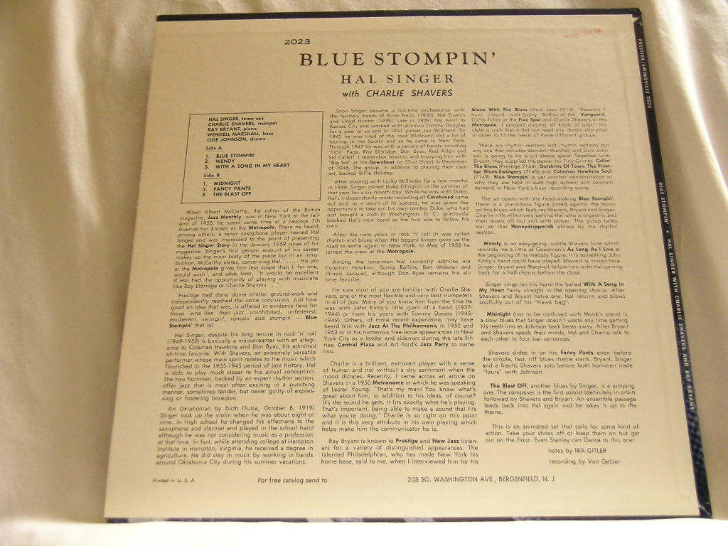 HAL SINGER Blue Stompin' Charlie Shavers Ray Bryant Prestige 2023 RVG LP VG+++