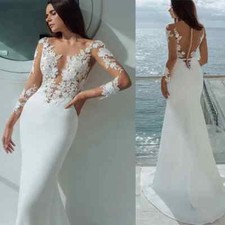 Long Sleeves Mermaid Wedding Dresses White Sexey Illusion Neck Lace Appliques