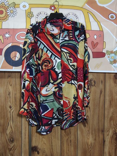 John Mark Flowy Abstract Floral Button Up Roll Tab Sleeve Tunic Blouse Med Top - 第 1/8 張圖片