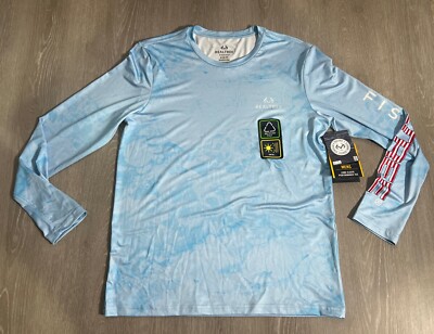 Realtree Mens Americana LS Flag Letters Fishing Tee size LG Blue wave BRAND NEW
