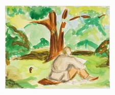 1940s Leon Arnold Muller Watercolor Painting Green Forest Sitting Man Vintage