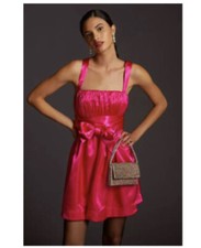 NWT Maeve Anthropologie Satin Pink Bow Mini Dress Size 12 With Pockets Lined